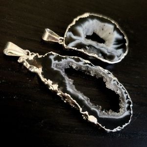 TWO Amethyst Geode Crystal Pendants  - Silver Plated